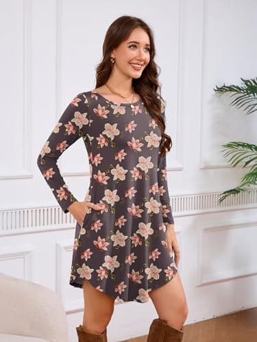 DEARCASE Women's Long Sleeve T Shirt Dress Floral Grey Purple Hibiscus Medium Crewneck Knee Length Loose Casual Flowy Swing Tunic Dresses with Pockets - Thumbnail 2