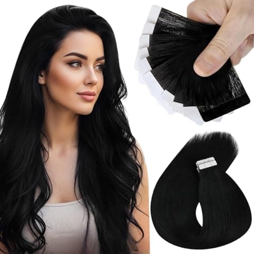Sunny Hair Tape in Hair Extensions Real Human Hair Invisible Remy Hair Extensions Tape ins for Women Jet Black 24 inch 25G - Image 1