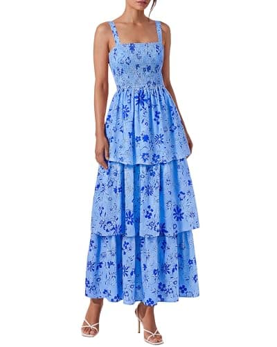 BTFBM Spring Dresses for Women 2026 Floral Spaghetti Strap Wedding Guest Dress Maxi Beach Vacation Clothes(Floral Blue Blue,XX-Large) - Image 1