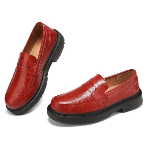 BEAUSEEN Women's Penny Loafers Slip On Comfortable & Lightweight Driving Moccasins Casual Office Work Flats Cute Business Dress Shoes, Red, 9 US