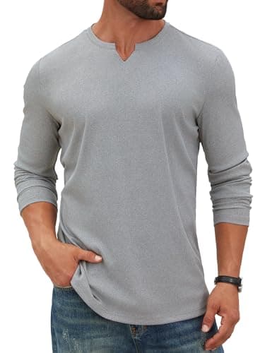 Hardaddy Men's V Neck Long Sleeve Ribbed Casual T-Shirt Classic Basic Solid Tee Shirts Light Gray M - Image 1
