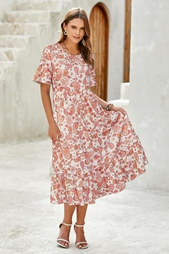 STYLEWORD Women's Summer 2026 Casual Short Sleeve Tiered Flowy Maxi Spring Dress Long Midi Beach Sundress Vacation Hawaiian Outfits(Floral23,S) - Thumbnail 4