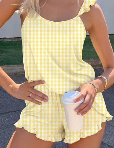 Ekouaer Womens Pajama Sets Ruffle Cami Top and Shorts 2 Piece Lounge Set Sleepwear, Summer Comfy Cute Bridal Pajama for Women - Thumbnail 5