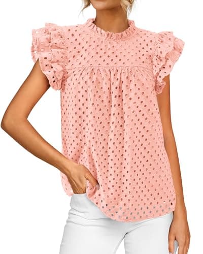 BTFBM Casual Summer Tops for Women 2025 Short Ruffle Sleeves Shirts Crew Neck Hollow Out Lace Embroidered Blouses(Pink,Medium) - Image 1