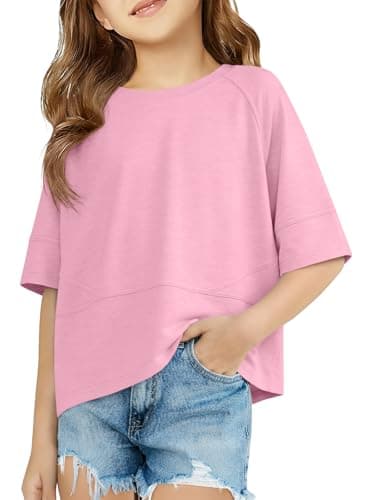 Humordream Girls Shirts Kids Raglan Short Sleeve T Shirts Summer Crewneck Oversized Crop Top Basic Tees 5-14Y Pink - Image 1