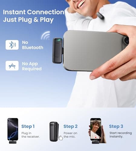 Sunnymark Mini Wireless Lavalier Microphone for iPhone/Android/Laptop, Plug & Play mini Mic with USB C Receiver and Lightning Adapter, Noise Reduction Clip on Wireless Microphone for TikTok, YouTube - Thumbnail 2