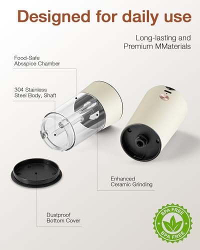 Gravity Electric Salt and Pepper Grinder Set with USB-C Charging Base,Rechargeable Automatic Stainless Steel Pepper Mill Grinder with LED Light, 2pack+Peach Orange (Peach Orange +Buttercream) - Thumbnail 6