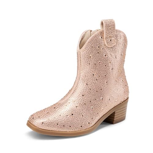 DREAM PAIRS Girls Cowgirl Cowboy Rhinestone Boots Ankle Low Heel Dress Booties,Size 4 Big Kid,Champagne,SDBO2407K - Image 1