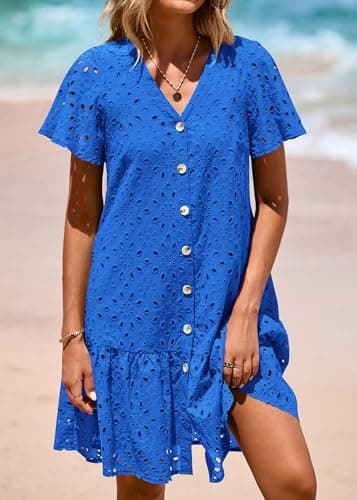 KIRUNDO Eyelet Dresses for Women 2026 Spring Summer Short Sleeve Button Down Loose Mini Babydoll Dress Beach Vacation Clothes(Blue, XX-Large) - Thumbnail 5