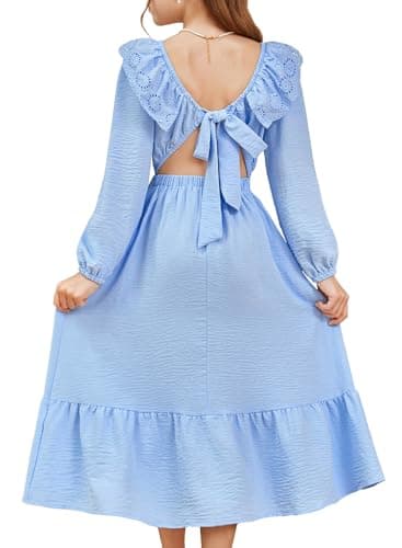 blibean Girls Winter Dress Tween Girl Wedding Dresses Little Kids Long Sleeve Tie Back Formal Outfits Teen Boho Holiday Flower Clothes Junior Cute Christmas Vestido Niña Size 6-7 Years Light Blue - Image 1