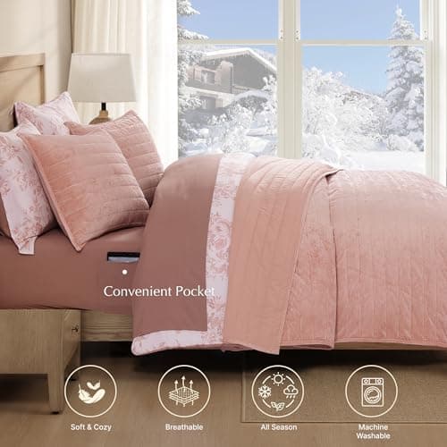 WRENSONGE Velvet King Size Quilt Set-3 Pieces Clay Pink Luxurious Velvet Striped Channel Comforter with 2 Shams, Soft Bedspread Coverlet Quilted Bedding Set for All Season - Thumbnail 3