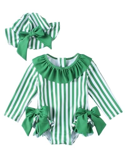 JiAmy Toddler Baby Girls One Piece Swimsuit Long Sleeve Zip Up Bowknot Swimwear Bathing Suit Rash Guard with Sun Hat Set Green 18-24 Months - Image 1