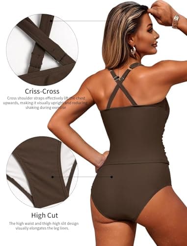 ZAFUL Tankini Swimsuits for Women Bathing Suits Tummy Control Two Piece Tankini Sets Ruched Tankini Tops with Bottom Brown M - Thumbnail 5