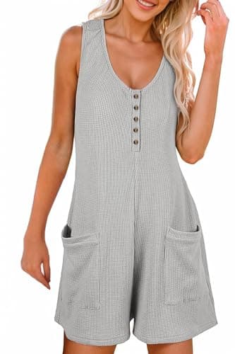 AlvaQ Jumpsuits for Women Dressy 2025 Sleeveless Loose Fit Waffle Knit Button Front Summer Rompers One Piece Outfits,Grey,Medium - Image 1
