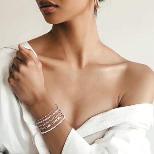 adoyi Silver Bracelets for Women, 14K Gold Plated Stackable Bracelet Stack Set Adjustable Charm Paperclip Chain Cuban Link Layered Waterproof Jewelry Gifts for Womens 7.2 Inch - Thumbnail 6