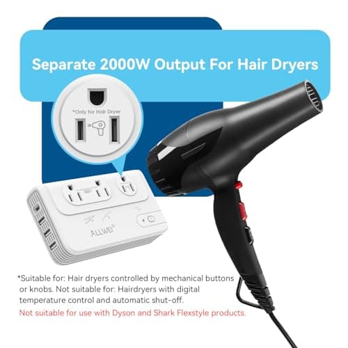 ALLWEI 2000W Travel Voltage Converter for Hair Dryer & 200W Convert 220V to 110V for Curling Iron, Straightener, Chargers, with 3 AC 1 USBC 3 USBA Ports, Travel Plug Adapter withType C, E/F, G, I, L - Thumbnail 4