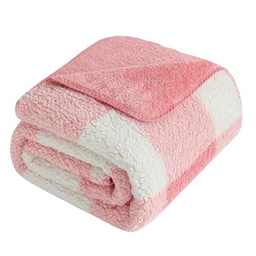 LURKA Checkered Sherpa Fleece Throw Blanket – Soft and Cozy, Medium Weight for All Season, Plush Throw for Couch, Bed, Dorm & Pets, Powder Pink, 60x80 Inches - Image 1