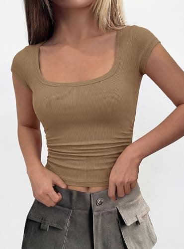 PRETTYGARDEN Womens Cap Sleeve T Shirts 2026 Square Neck Basic Tees Slim Fit Ribbed Knit Spring Going Out Tops Summer Clothes (Light Khaki,X-Small) - Thumbnail 5