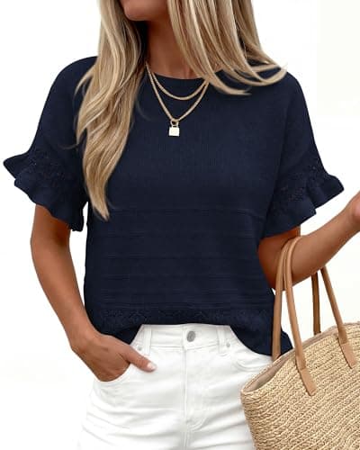 KIRUNDO Short Sleeve Sweater for Women 2026 Spring Summer Tops Crochet Round Neck Ruffled Hem Knit Pullover Casual Blouse(Navy Blue, XX-Large) - Thumbnail 2