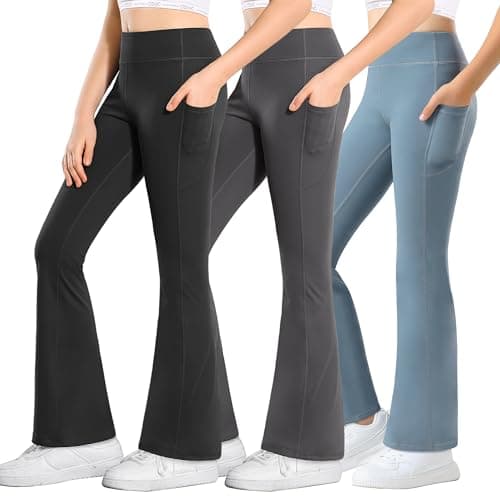 Stelle Girl's Flare Leggings with Pockets High Waisted Bootcut Yoga Pants Kids Dance Bell Bottoms Leggings(BK+GR+GB,S) - Image 1