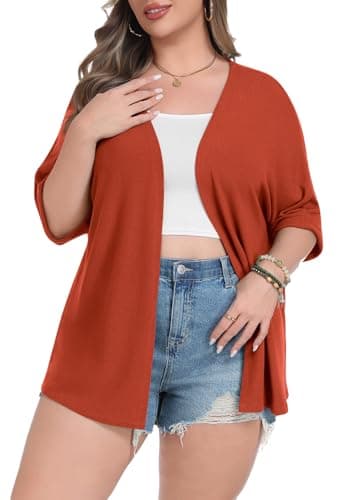 Lastshe Womens Plus Size Cardigan Rolled Short Sleeve Lightweight Split Hem Sweaters Cardigan Wrap,Orange,4X - Thumbnail 2