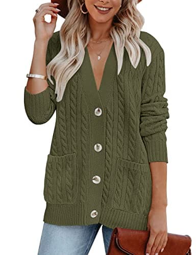 MEROKEETY Cardigan Sweater for Women 2026 Fall Winter Spring Cable Knit Button Up Open Front Long Sleeve Coat,ArmyGreen,XXL - Image 1
