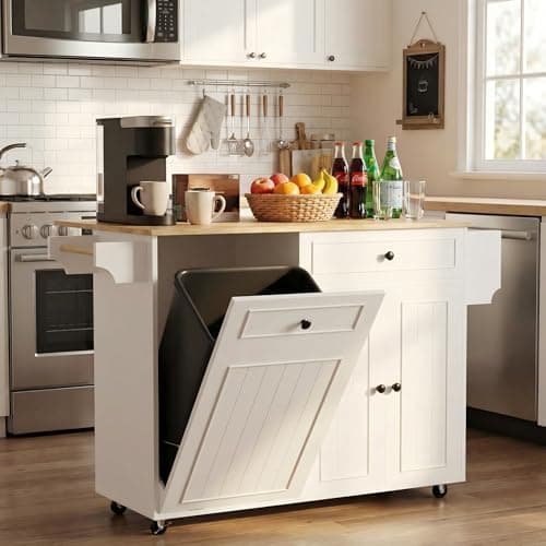 MEETFAV Kitchen Island with Trash Can Storage & Power Outlet, Rolling Kitchen Cart with Drop Leaf, Mobile Wood Island Table with Tilt-Out Trash Cabinet, Spice Rack & Storage Drawer for Small Space - Image 1
