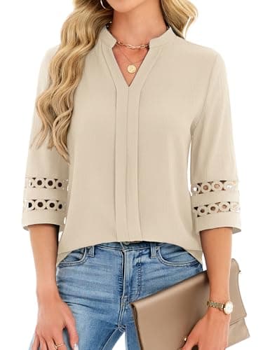 Funlingo Womens 3/4 Sleeve Tops Business Casual V Neck Dressy Blouses Fashion Office Work Tunic Pleated Shirts Trendy Outfits 2026 Khaki XL - Image 1