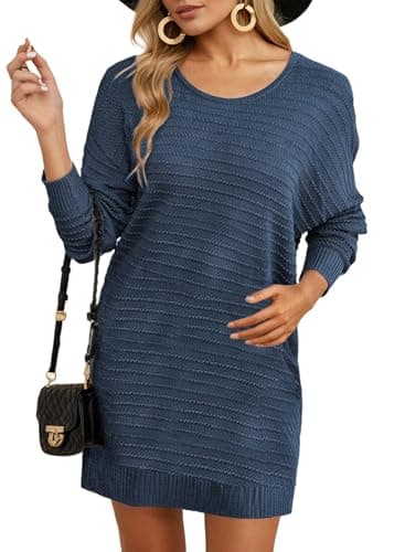 Dokotoo Women Lightweight Mini Sweater Dresses Batwing Long Sleeve Off The Shoulder Dresses Crewneck Textured Pullover Jumper 2025 Short Sweater Dress Fall Dress for Wedding Guest Large Blue - Image 1