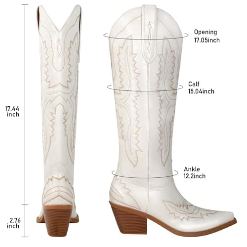 LeunDen White Cowboy Boots for Women, Knee High Cowgirl Boots Women with Pointed Toe, Block Heel Embroidery Western Boots Tall Long Boots Size 7.5 - Thumbnail 4