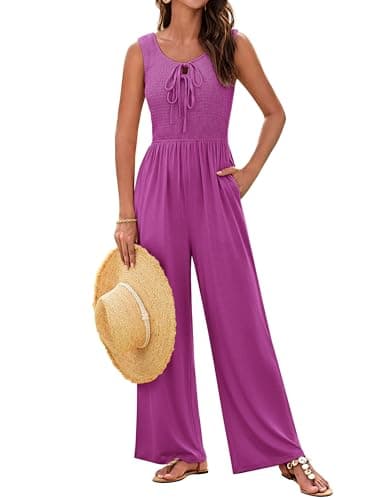 GRACE KARIN Jumpsuits for Women Wide Legs Pants Romper Business Casual Tie Front Pants Rose Red M - Image 1