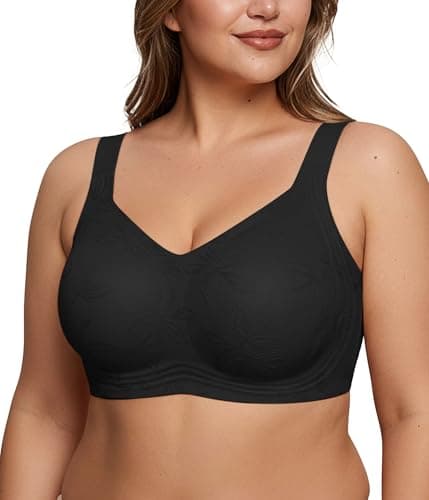 Easybunny Plus Size Bras for Women Seamless Floral Patterned Bra Soft Minimizer Jelly Support Wireless Bra Tshirt Bralettes-Black,XL - Image 1