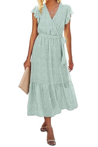 BTFBM Women Summer Bohemian Floral Casual Wrap V Neck Ruffle Cap Sleeveless Belt A-Line Pleated Hem Swing Midi Sun Dress (Light Green, X-Large) - Image 1