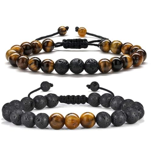 M MOOHAM Easter Gifts for Men Boys Bracelets - Beaded Natural Tiger Eye Bracelets for Men Black Lava Rock Stone Chakra Mens Anxiety Bracelet Adjustable Aromatherapy Oil Diffuser Jewelry Gifts - Image 1