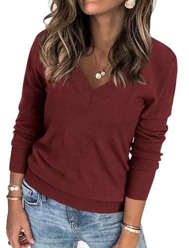 ATHMILE Women's Fall Tops 2026 Fashion Trendy Pullover Sweater V Neck Long Sleeve Shirt Knit Blouse Clothes Outfits Wine Red - Image 1