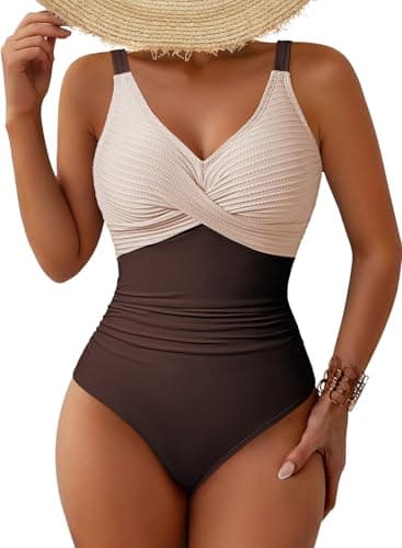 Pink Queen Women's One Piece Swimsuit 2026 Patchwork Tummy Control V Neck Wide Straps Beach Bathing Suit Dark Brown S - Image 1
