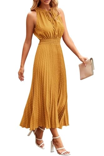 PRETTYGARDEN Women's Midi Summer Dresses Casual V Neck Swiss Dot Ruffle Sleeveless A Line Beach Sun Dress (Turmeric,X-Large) - Image 1