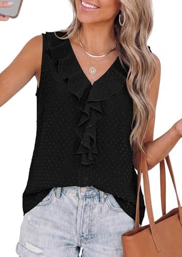 PRETTYGARDEN Womens Tank Tops 2026 Summer Dressy Casual Blouses Sleeveless Ruffle V Neck Swiss Dot Button Down Work Shirts (Black,Small) - Thumbnail 3