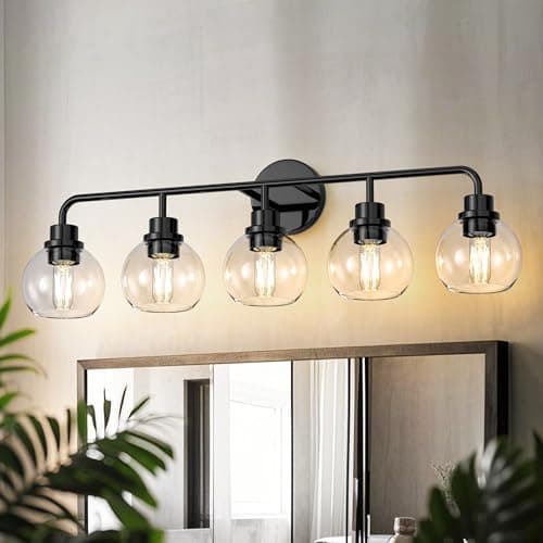 DORESshop 5-Light Bathroom Light Fixtures, 32.67-Inch Black Bathroom Vanity Light with Clear Glass Globe Shade, Modern Vanity Lights for Bathroom Living Room Hallway Bedroom, E26, ETL Listed