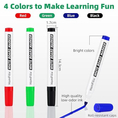 HomFilix White Board Markers Dry Erase 36 Pack Bulk, 2 mm Fine Bullet Tip, Low-Odor Plant-Based Ink, 4 Colors for Classroom, Office & Home Use | Premium Dry Erase Marker Set - Thumbnail 2
