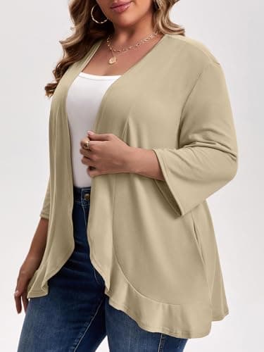 MK Shop Limited Plus Size Cardigan for Women Casual 3/4 Sleeve Lightweight Soft Open Front Cardigans with Pockets Khaki XL - Thumbnail 3