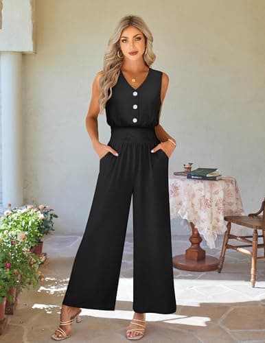 LOOKBOHO Women's Summer Jumpsuit Wide Leg Dressy Pants Casual One Piece Rompers V Neck Sleeveless Fashion Outfit(B,XL) - Thumbnail 6