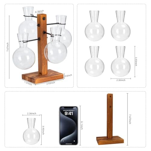 Plant Propagation Station with Wood Stand, Propagation Vases for Plants, Terrarium Kit for Home Office Garden Decor, Gifts for Plant Lovers - 4 Bulb Glass Vases - Thumbnail 2