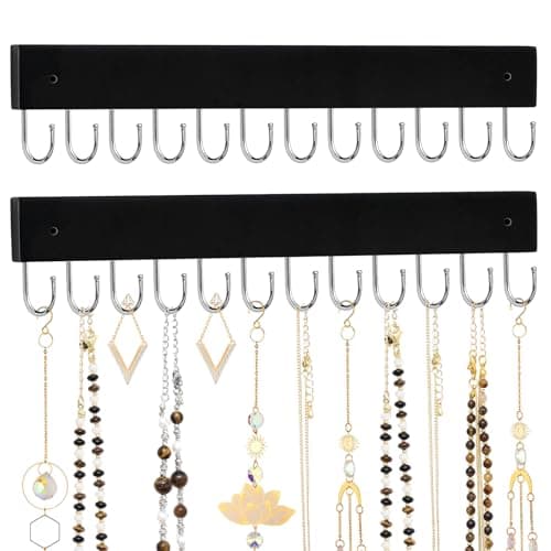 Dntorx Hanging Jewelry Organizer, 2 Pack Black Necklace Holder for Wall Wooden Necklace Organizers Hangers Wall Mount with 24 Hooks Jewelry Display Hanger for Necklaces, Bracelets, Earrings, Keys - Image 1
