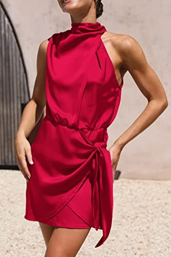 PRETTYGARDEN Women's Short Formal Satin Dress Summer Sleeveless Mock Neck Tie Waist Cocktail Party Dresses (Red,XX-Large) - Thumbnail 4