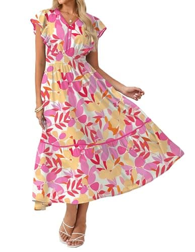 GRACE KARIN 2026 Summer Wedding Guest Dresses for Women Ruffle Sleeve Boho Midi Dress Smocked Flowy Floral Dress with Pocket Pink Yellow S - Image 1