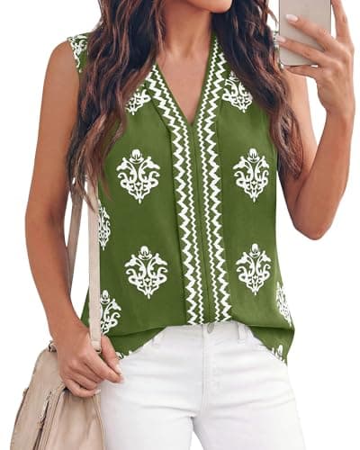 BTFBM Womens Tank Tops Floral Printed V Neck Sleeveless Spring 2026 Business Work Dressy Casual Shirts Chiffon Blouses(Army Green, X-Large) - Image 1