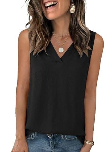 Lepunuo Black Tank Top for Women Textured V-Neck Business Casual Work Office Summer Sleeveless Tee - Thumbnail 5