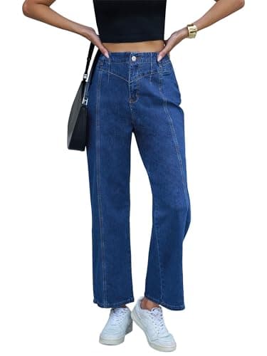 PEIHOT Wide Leg Jeans for Women High Waisted Straight Leg Stretchy Jeans Seamed Paneling Denim Pants Fall Dark Blue - Thumbnail 4