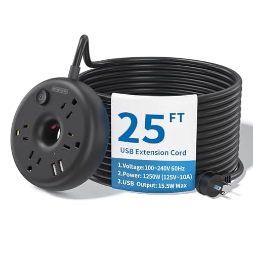 NTONPOWER 25ft Black Power Strip with 4 Outlets, 2 USB Ports, Desktop Extension Cord, Overload Protection, Fireproof ABS+PC Shell - Image 1